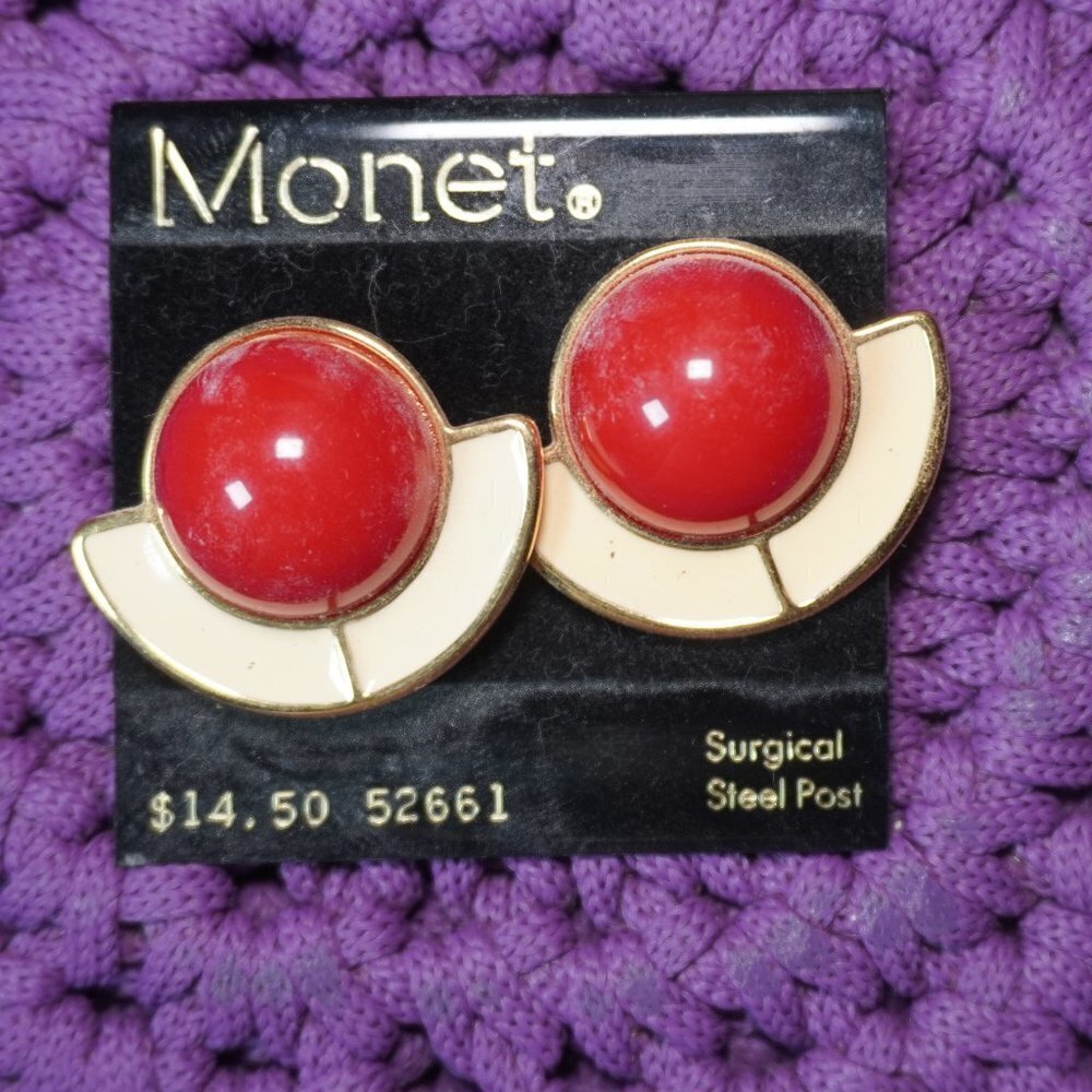 Monet Womens Red Beige Vintage Round Circular Surgical Steel Stud Earrings